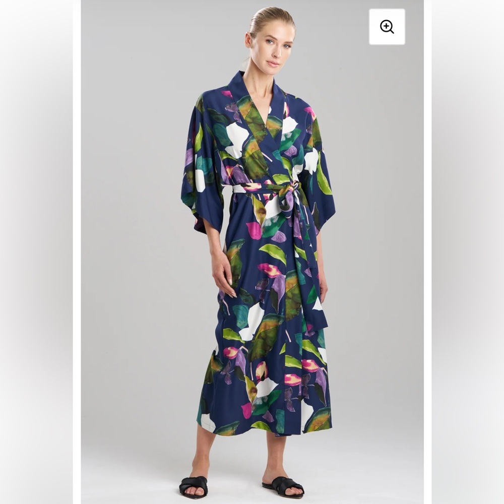 Natori Navy Floral Kimono Robe with Belt